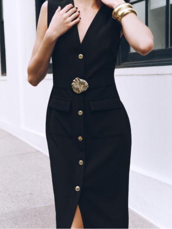 Zara Dresses & Skirts - Zara Black Sleeveless Midi Dress with Gold Accent Buttons and Belt